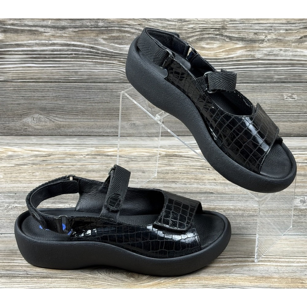 Wolky Jewel Sandal EU41 US10 Black Croc Embossed Strappy Platform Patent Leather